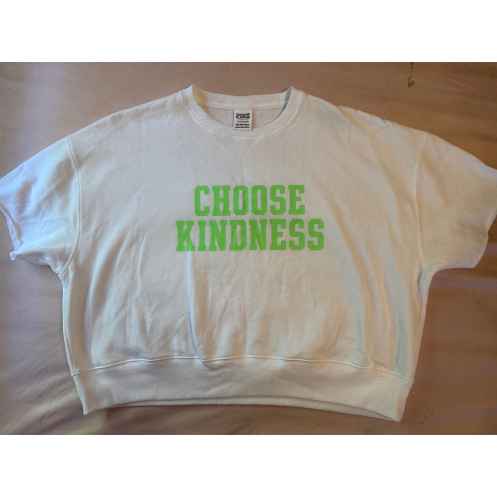 Victoria's Secret PINK White/Green Choose Kindness Oversize Crop SS Sweatshirt S